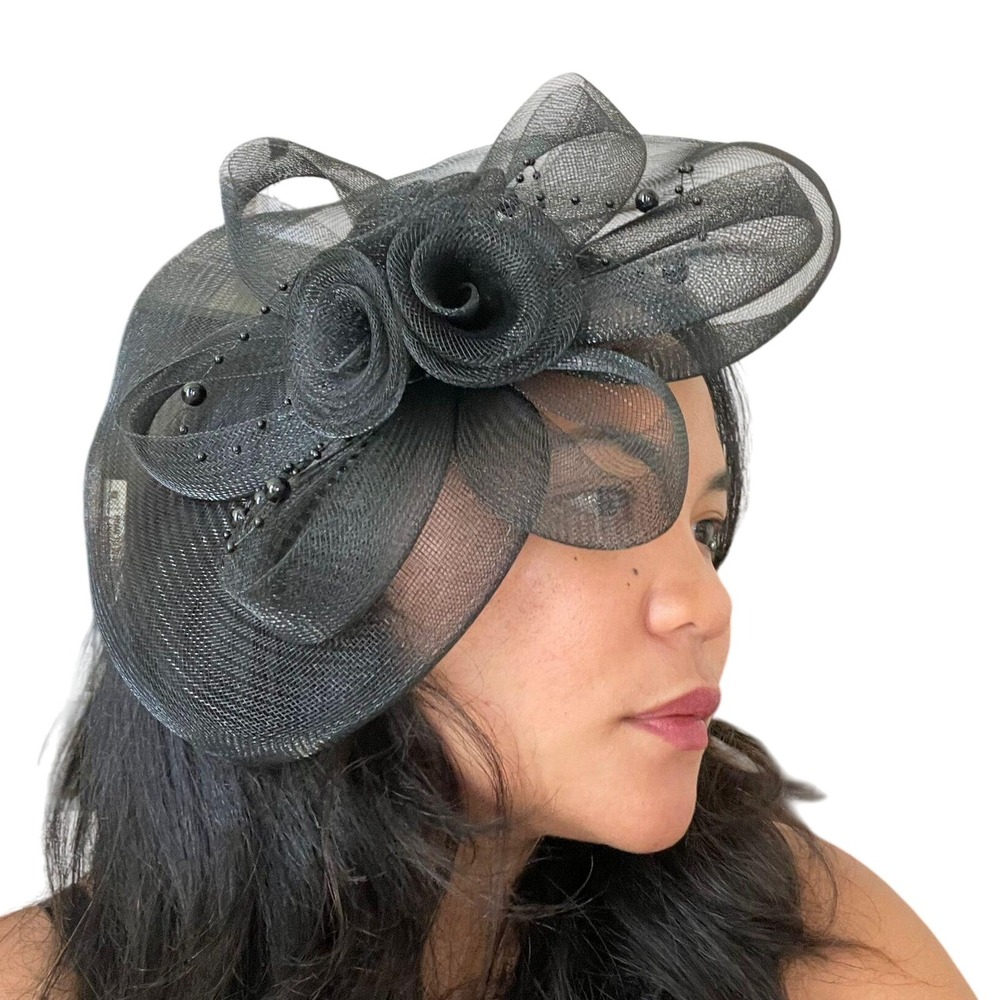 Black Floral Beaded‎ Fascinator Hat Kentucky Derby Wedding Party Races